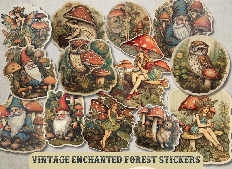 Vintage Enchanted Forest Stickers, Vintage Forest Fairy Stickers, Gnome, Mushroom Stickers, Cottagecore, Junk Journal Ephemera, Fantasy. image 1