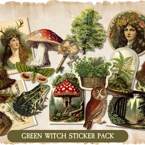 Vintage Green Witch Sticker Pack, Forest Witch, Victorian Witch Stickers, Nature Witch, Enchanted Forest, Herbal, Botany, Junk Journal, Fox