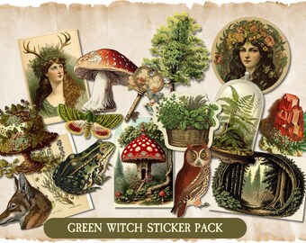 Vintage Green Witch Sticker Pack, Forest Witch, Victorian Witch Stickers, Nature Witch, Enchanted Forest, Herbal, Botany, Junk Journal, Fox