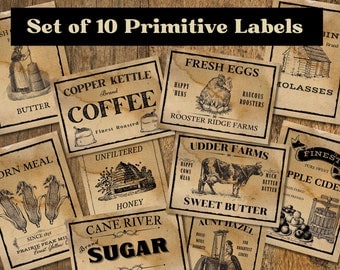 Primitive Country Store Labels, Primitive Pantry Labels, Vintage Pantry labels, Prim, Primitive labels, Farmhouse stickers, Primitive Tags