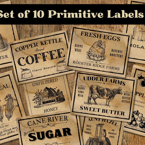 Primitive Country Store Labels, Primitive Pantry Labels, Vintage Pantry labels, Prim, Primitive labels, Farmhouse stickers, Primitive Tags