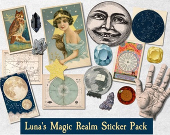 Vintage Celestial Sticker Pack, Moon Stickers, Celestial Witch Stickers, Victorian Witch Stickers, Moon Goddess, Magical, Mystical, Lunar