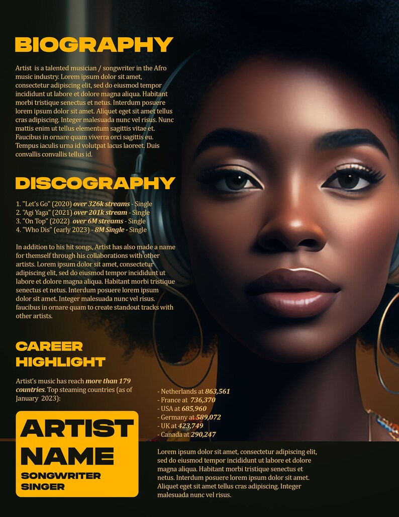 2-page Electronic Press Kit | Music EPK | Photoshop Template - Etsy