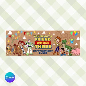 May include: A birthday banner with characters from Toy Story. The banner reads "You've Got a Friend Whose Three" and "Happy Birthday Oliver". The background is brown with colorful stars and pennants.