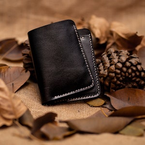 Cartera plegable vertical de cuero para él/papá, diseño de cartera pequeña, idea de regalo de aniversario de cuero, cartera de cuero con puntada a mano, nueva tendencia