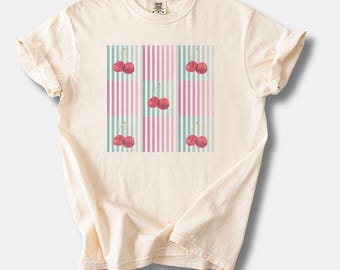 Retro Cherry Stripe Tee Shirt, Vintage Stripe Comfort Colors® Shirt, Checkered Cherry Shirt, Trendy Tee Shirt, Cherry Vibes, Oversized Shirt