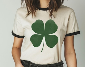 Distressed Four Leaf Clover Ringer Tee Shirt, Vintage Style Shirt, Retro Outfit