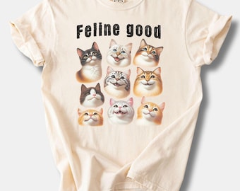 Cat Face Tee Shirt, Felin Good Graphic Cats Shirt, Comfort Colors Tee Oversized, Cat Theme Shirt, Gift for Cat Lovers, Cat Graphic T-Shirt