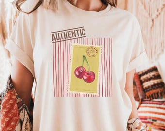Retro Cherry Stamp Tee Shirt, Stamps Short-Sleeve Tee, Vintage-Inspired Tees, Comfort Colors® Shirt, Trendy Tee Shirt, Oversized Shirt