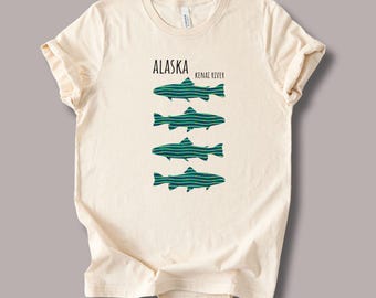 Alaska Fishing Tee Shirt, Kenai River Pullover Soft Cotton Shirt, Vintage Inspired Tee, Fish Theme Tee Shirt