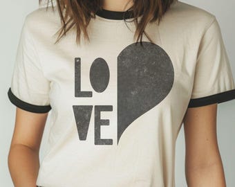 Love Heart Retro Unisex Ringer T-Shirt, Minimalist Distressed Shirt, Retro Grunge Shirt, Vintage Look Love Shirt, Girlfriend Gift Shirt
