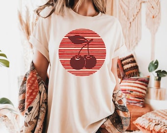 Retro Red Cherry Stripe Tee Shirt, Cherry Vibes Tee, Vintage Stripe Comfort Colors® Shirt, Checkered Cherry Shirt, Trendy Oversized Shirt