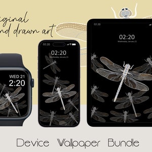 May include: A set of three device wallpapers featuring a black background with a pattern of white and gray dragonflies. The wallpapers are designed for an Apple Watch, iPhone, and iPad.
