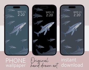 Set of 3 Shark smart phone wallpaper, Minimalist design, iPhone wallpaper, Samsung galaxy phone wallpaper