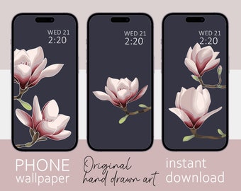 Set of 3 Magnolia smart phone wallpaper, Minimalist design, iPhone wallpaper, Samsung galaxy phone wallpaper