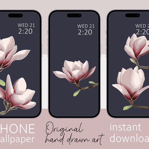 Set of 3 Magnolia smart phone wallpaper, Minimalist design, iPhone wallpaper, Samsung galaxy phone wallpaper