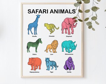 Safari Animals Chart Printable Wall Art for Kids - Nursery Jungle Animal Poster Digital Download - Dino Educational Poster PDF