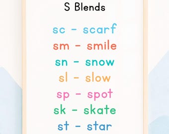 Classroom S-Blends Poster (Digital Download) Printable Phonics S Blend Chart Wall Art for Kindergarten and 1st Grade