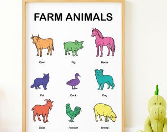 Farm Animals Printable Poster for Kids Room, Farm Animal Chart PDF Download, Nursery Wall Art, Preschool Classroom Decor, Download and Print