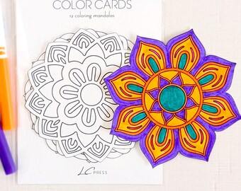 Mandala Coloring Cards - Mindful Art Activity Set of 12 Cutouts