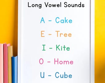 Long Vowel Sounds Poster Printable (Digital Download) Phonics Vowel Classroom Wall Art for Kindergarten and First Grade