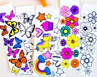 Classroom Coloring Bookmarks for Kids Set of 24 Butterflies, Unicorns, Flowers & Rainbows Party Favor Activity Teacher Reading Rewards