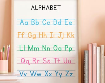 Alphabet Chart Poster for Classroom (Digital Download) Manuscript ABC Wall Chart, Rainbow Handwriting Lined Alphabet PDF