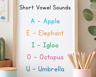Short Vowel Sounds Poster (Digital Download) Phonics Vowel Chart Printable Classroom Wall Art for Kindergarten & First Grade