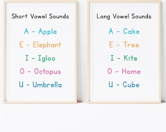 Short and Long Vowel Sounds Posters (Digital Download) Phonics Vowel Chart Printable Set, Kindergarten Classroom Vowel Posters PDF