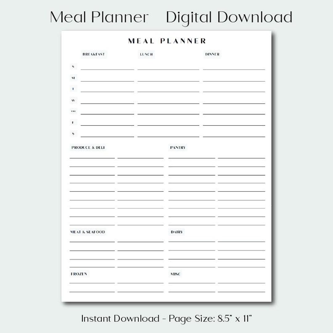 Printable Weekly Meal Planner - Simple Grocery List Template - PDF ...
