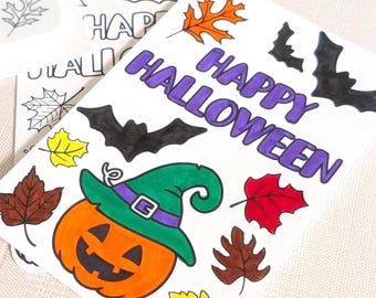 Printable Halloween Coloring Page Digital Download - Classroom Coloring Cards for Kids - Halloween Party Activity for Children DIY