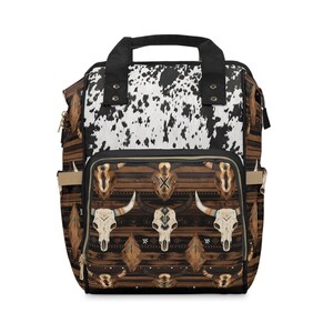 Cow Print Diaper Backpack: Western Style Nylon Baby Bag Blk/White Cow Print