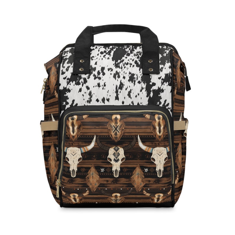 Cow Print Diaper Backpack: Western Style Nylon Baby Bag Blk/White Cow Print