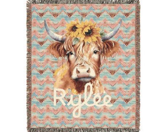 Coperta tessuta da cowgirl occidentale: mucca delle Highlands con girasole, coperta personalizzata