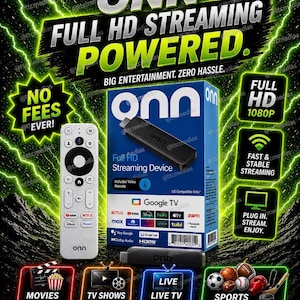 May include: An image promoting the ONN Full HD Streaming Device. The image features the device, remote, and box, along with icons for streaming services and features. Text includes "No Fees Ever!" and "One Small Device. Endless Entertainment."