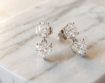 Heart Drop Moissanite Earrings 925 Sterling Silver, Dainty Heart Dangle Earrings, Romantic Minimalist Jewelry, Bridal Gift Earrings