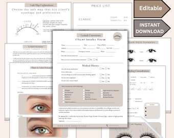Formularios de admisión de consentimiento del cliente para extensión de pestañas + formulario de peinado de pestañas, formulario de consentimiento de pestañas, formulario de admisión de pestañas, guía de mapeo de pestañas, lista de precios