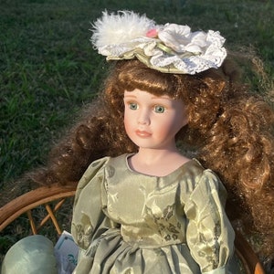 Vintage collectable porcelain doll - long brunette curly hair porcelain doll - collectable baby doll