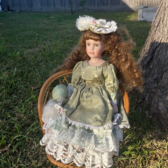 Vintage Porcelain Doll: Brunette Curls, Green Lace Dress, Emerald