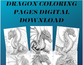 Páginas para colorear de dragones para descargar digitalmente, páginas para colorear, descarga digital, dibujos para colorear para adultos, paquete de dragones, paquete para colorear, paquete digital