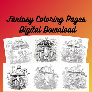 Fantasy Mushroom Coloring Pages, Mushroom Coloring Pages Bundle, Adult Coloring Pages, Coloring Page Gift, Digital Download  Bundle