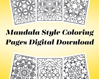 Może przedstawiać: Sześć czarno-białych stron do kolorowania w stylu mandali. Strony są ułożone w półkole z tekstem "Mandala Style Coloring Pages Digital Download" w środku.