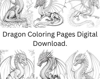 Paquete de páginas para colorear de dragones, paquete de páginas para colorear, páginas para colorear con descarga digital, páginas para colorear, páginas para colorear de fantasía, páginas para colorear