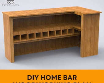 May include: DIY Home Bar Woodworking Plan - 3D plans in millimetres and inches for building a wooden home bar with a shelf and wine bottle storage.