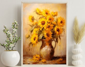 Sunflowers in a Vase, Vintage, Oil Painting, Digital Art, Wall Art, Digital Download, Poster, Illustration, Vertical Print, Gift