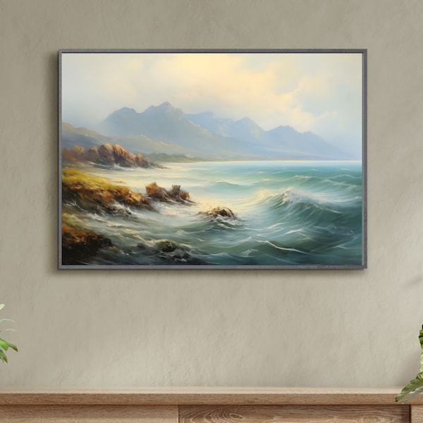 Wild Sea with huge Mountains, Oil Painting, Digital Art, Wall Art, Digital Download, Poster, Canvas, Horizontal Print