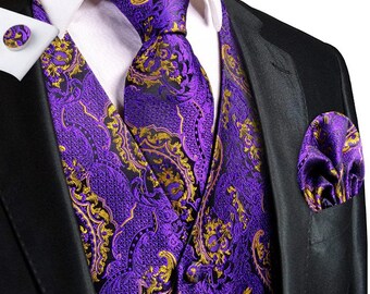 Men's Purple and Gold Jacquard Vest Set