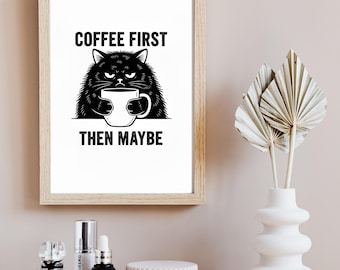 Puszysty kot z kawą, sztuka ścienna, wystrój domu