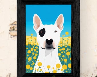 Perro feliz entre flores amarillas, arte de pared, hogar,