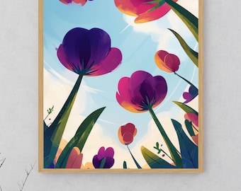 Campo de flores silvestres vibrantes, arte de pared, arte digital descargable, decoración del hogar, imprimibles, descarga digital